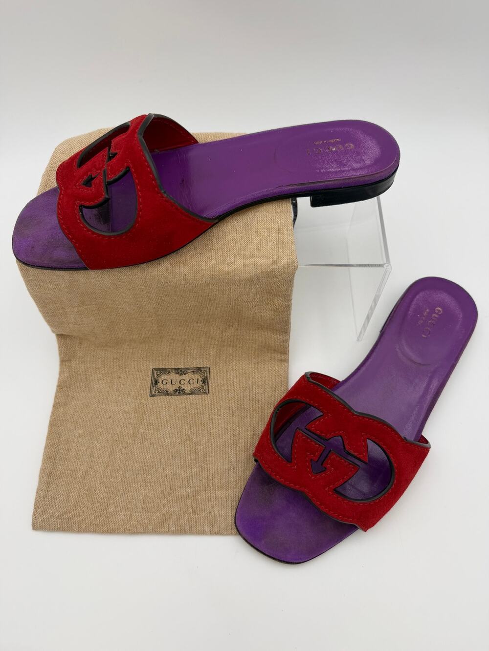 Gucci Kid Scamosciato Double G Logo Slides Red Purple Size 37.5 / 7.5 Cut Out